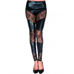 Legging noir wetlook avec bandes de dentelle florale - MH35134BLK