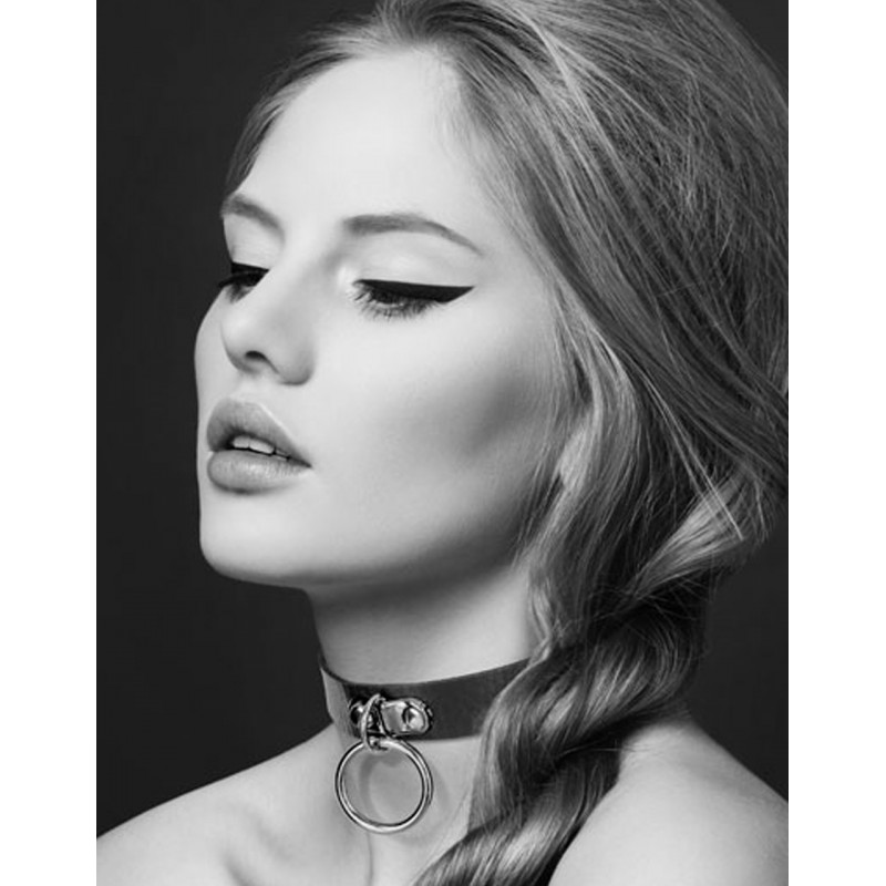 Collier en cuir noir SM avec anneau métal argenté pour laisse - CC6060010010