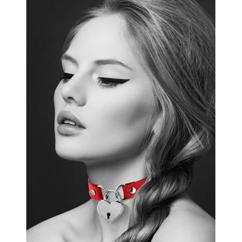 Collier en cuir rouge SM avec pendentif cadenas coeur argenté - CC6060040030