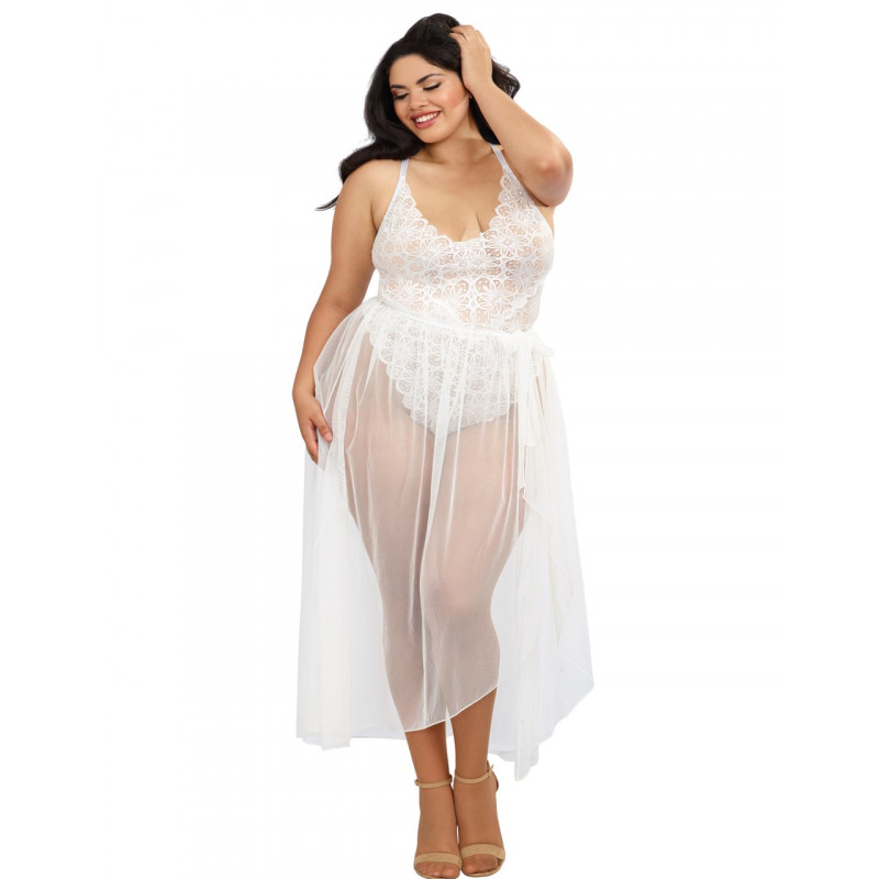 Body string grande taille blanc échancré dentelle avec jupe de maille transparente amovible - DG10996XWHT