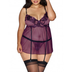 Nuisette grande taille transparente souple violette armatures avec jarretelles et string - DG10998XPLU