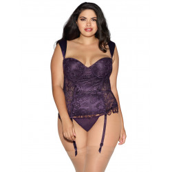 Guêpière grande taille à balconnet violette satinée et dentelle de Venise armatures poitrine avec string - DG11012XPUR