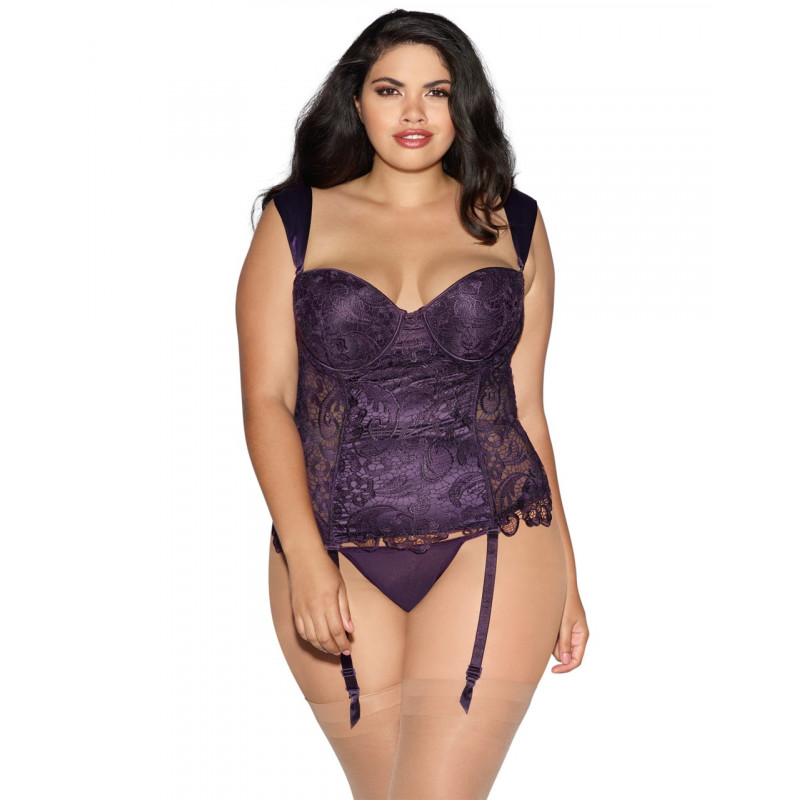 Guêpière grande taille à balconnet violette satinée et dentelle de Venise armatures poitrine avec string - DG11012XPUR