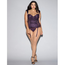 Guêpière grande taille à balconnet violette satinée et dentelle de Venise armatures poitrine avec string - DG11012XPUR