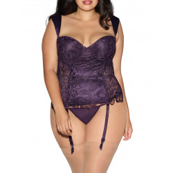 Guêpière grande taille à balconnet violette satinée et dentelle de Venise armatures poitrine avec string - DG11012XPUR