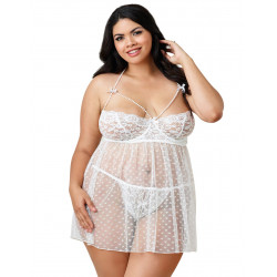 Nuisette blanche grande taille transparente petits coeurs armatures demi bonnets et bretelles perles - DG11061XWHT