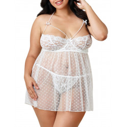 Nuisette blanche grande taille transparente petits coeurs armatures demi bonnets et bretelles perles - DG11061XWHT