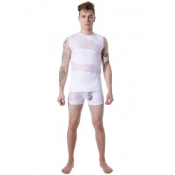 T-shirt débardeur blanc col rond opaque et transparent avec fines rayures - LM803-77WHT