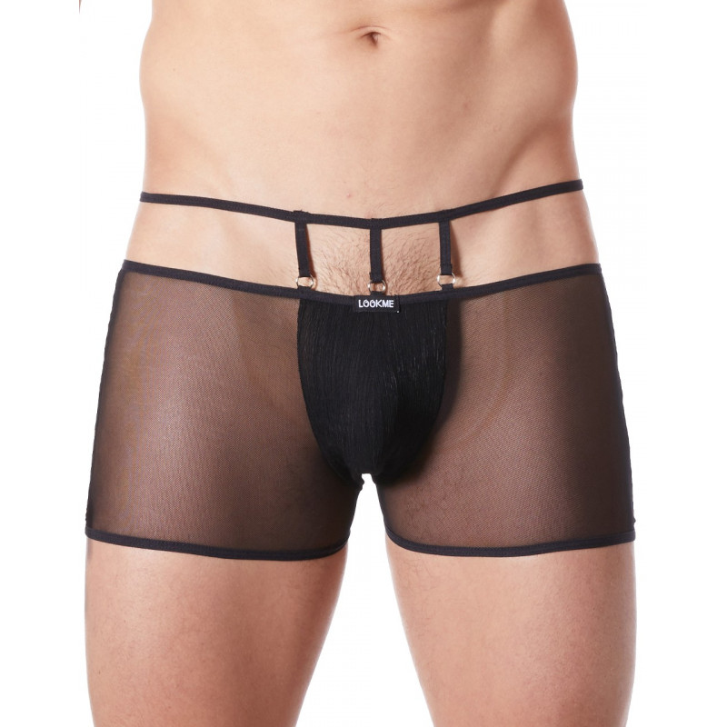 Boxer noir suspendu fine maille transparente et ornements - LM804-67BLK