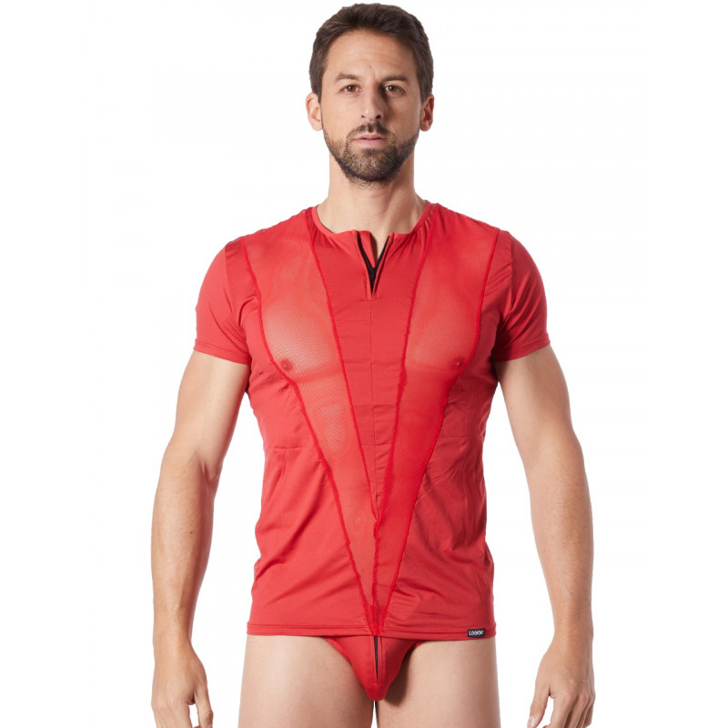 T-Shirt rouge doux avec bandes résille col rond et zip - LM805-81RED