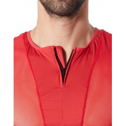 T-Shirt rouge doux avec bandes résille col rond et zip - LM805-81RED