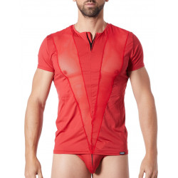 T-Shirt rouge doux avec bandes résille col rond et zip - LM805-81RED