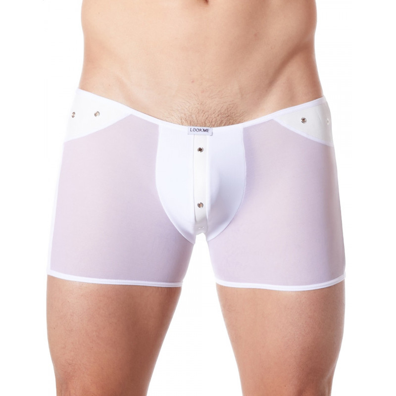 Boxer blanc sexy maille transparente et bande style cuir - LM807-67WHT