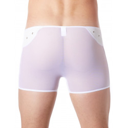 Boxer blanc sexy maille transparente et bande style cuir - LM807-67WHT