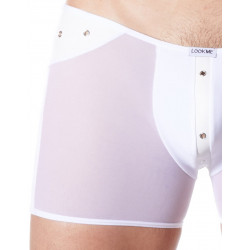 Boxer blanc sexy maille transparente et bande style cuir - LM807-67WHT