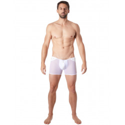 Boxer blanc sexy maille transparente et bande style cuir - LM807-67WHT