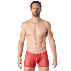 Boxer rouge sexy maille transparente et bande style cuir - LM807-67RED