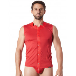 V-shirt débardeur rouge satiné avec bandes style cuir et dos avec transparence - LM807-77RED