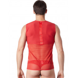 V-shirt débardeur rouge satiné avec bandes style cuir et dos avec transparence - LM807-77RED