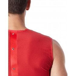 V-shirt débardeur rouge satiné avec bandes style cuir et dos avec transparence - LM807-77RED