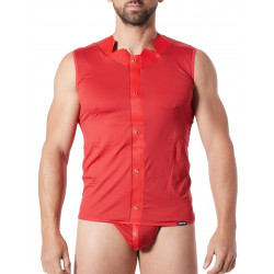 V-shirt débardeur rouge satiné avec bandes style cuir et dos avec transparence - LM807-77RED