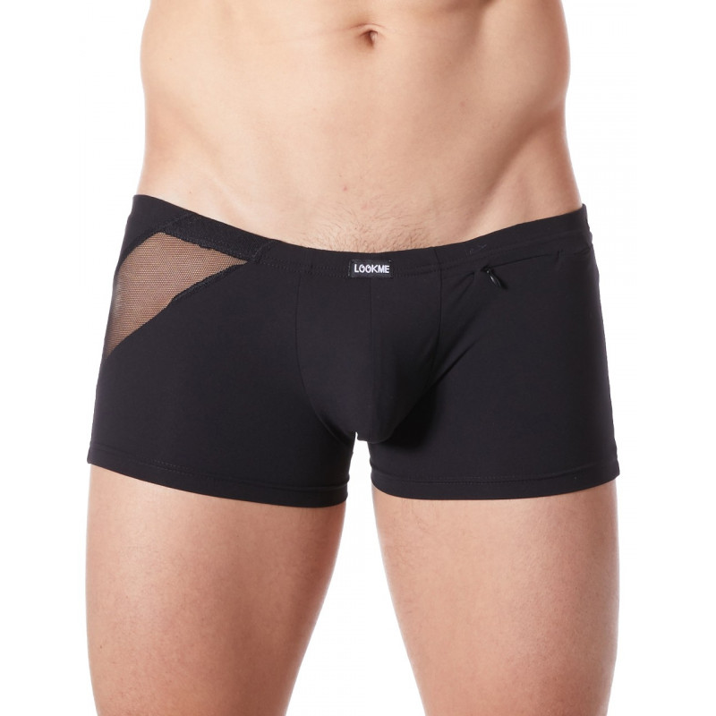 Boxer noir sexy avec bandes fine résille et déco zippée - LM808-67BLK