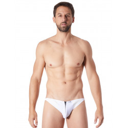 Slip brief blanc sexy avec fermeture éclair et côtés style cuir dos transparent - LM813-61WHT