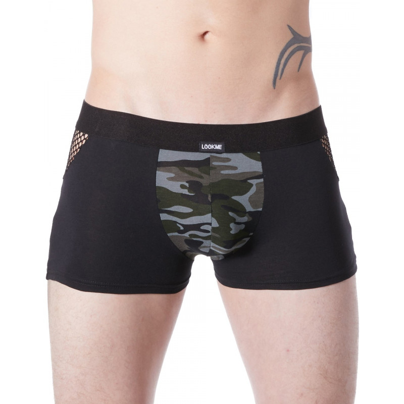 Boxer noir sexy armée déco camouflage côtés résille filet - LM814-67BLK