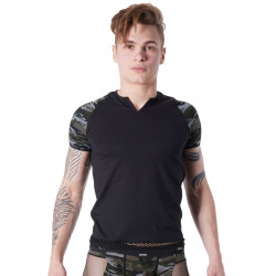 T-shirt noir sexy armée déco camouflage sur les manches et col rond ouvert - LM814-81BLK