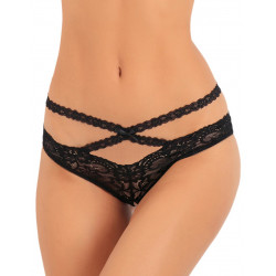 Tanga ouvert noir en dentelle avec ornements croisés avant arrière - REN1138-BLK