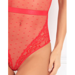 Body rouge maille à pois avec dentelle et laçage sur les fesses - REN502169-RED