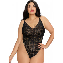 Body string noir grande taille échancré dentelle avec jupe de maille transparente amovible - DG10996XBLK