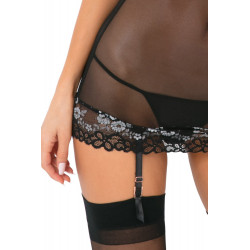 Nuisette jarretelles noire maille transparente avec broderie florale et armatures poitrine - REN51002-BLK