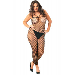 Bodystocking noir grande taille en résille filet bretelles réglables - REN7062X-BLK