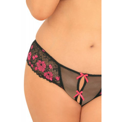 String ouvert grande taille noir avec fleurs roses - REN1028X-BLK