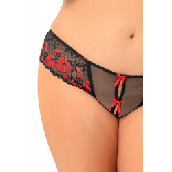 String ouvert grande taille noir avec fleurs rouges - REN1028X-RED