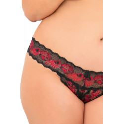 String brésilien ouvert grande taille noir avec fleurs rouges - REN1037X-REDB