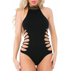 Body string noir extensible ras de cou résille côtés ajourés - PLK20027-BLK