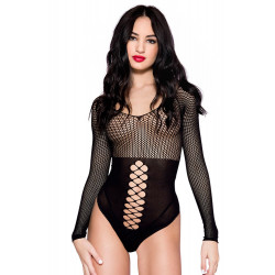 Body string noir opaque ajouré et résille avec manches longues - ML8131BLK