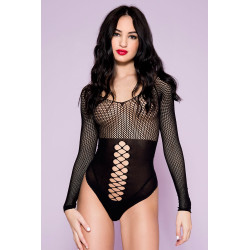 Body string noir opaque ajouré et résille avec manches longues - ML8131BLK