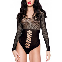 Body string noir opaque ajouré et résille avec manches longues - ML8131BLK