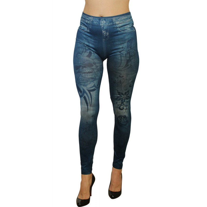 Legging bleu effet jean imprimé style tatouage - FD1019