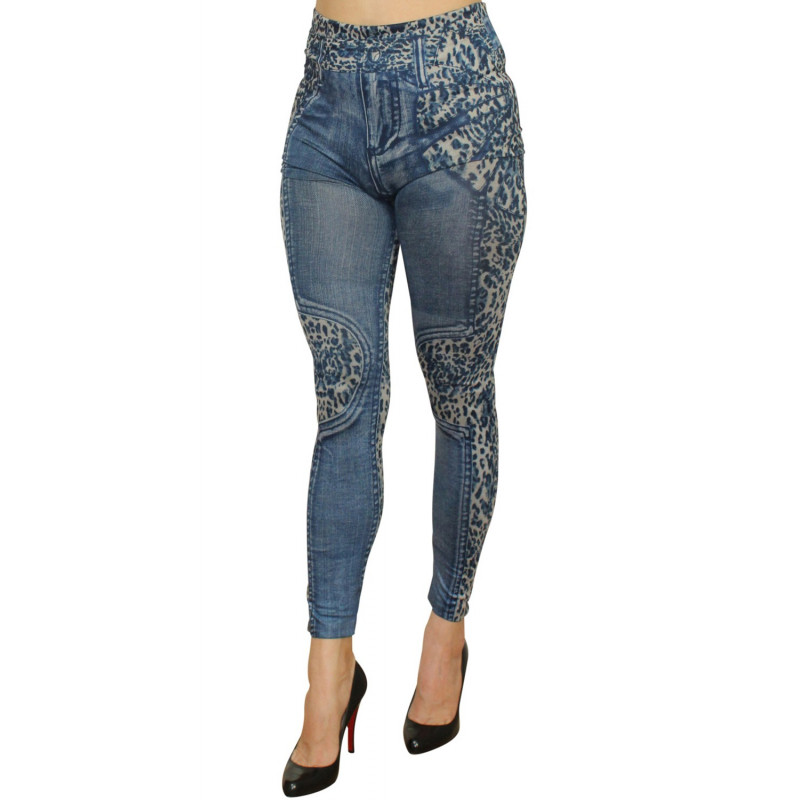 Legging bleu effet jean délavé imprimé léopard - FD1017