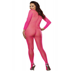 Bodystocking rose fluo résille grande taille ouvert à l'entre-jambes - DG0015XHPK