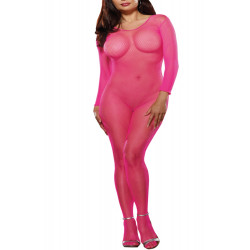 Bodystocking rose fluo résille grande taille ouvert à l'entre-jambes - DG0015XHPK