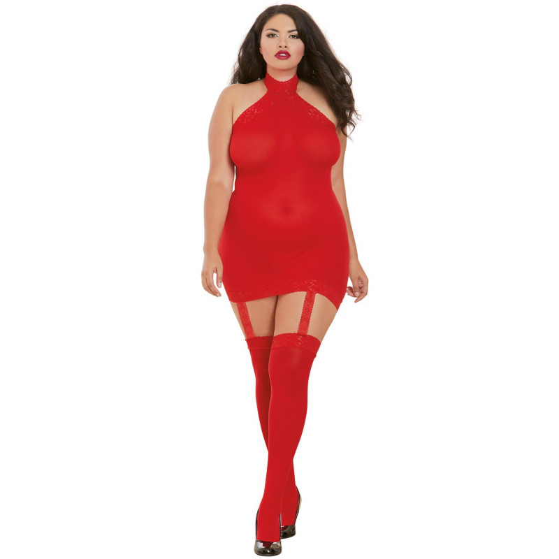 Bodystocking rouge grande taille effet guêpière avec dentelle - DG0035XRED