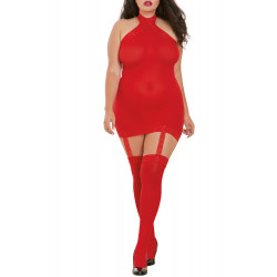 Bodystocking rouge grande taille effet guêpière avec dentelle - DG0035XRED