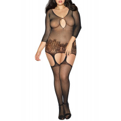 Bodystocking grande taille fine résille noire effet guêpière - DG0097XBLK