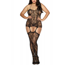 Combinaison noire grande taille guêpière et bas dentelle - DG0145XBLK