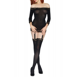 Bodystocking guêpière noir opaques épaules nues - DG0237BLK